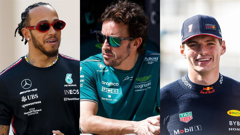 Los pilotos de Fómrula 1 Lewis Hamilton, Fernando Alonso y Max Verstappen.