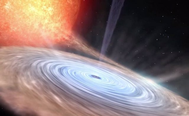 Representación Artística De Un Sistema Binario De Estrellas De Rayos X. Muestra La Estrella Normal En Amarillo/Rojo, El Disco De Materia En Rotación, La Estrella De Neutrones Situada En Su Centro Y El "Chorro De Radio" Que Sale Disparado.