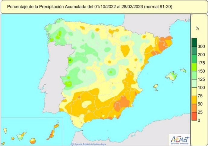 Mapa de acumulación de lluvias desde el 1 de octubre al 28 de febrero en el conjunto de España.