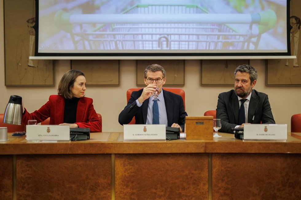 La portavoz del PP en el Congreso, Cuca Gamarra; el presidente del Partido Popular, Alberto Núñez Feijóo y el diputado del PP Jaime de Olano, este viernes en el Congreso.