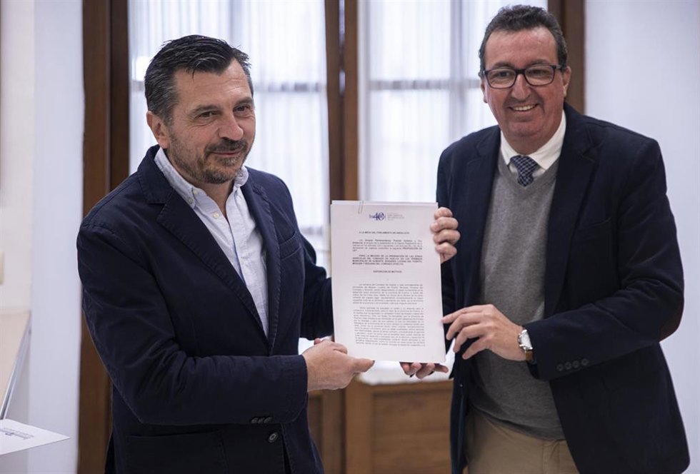 El portavoz parlamentario del PP-A, Toni Martí y el diputado Manuel Andrés González, este viernes en el Registro del Parlamento para presentar la Proposición de Ley sobre los regadíos de Doñana.