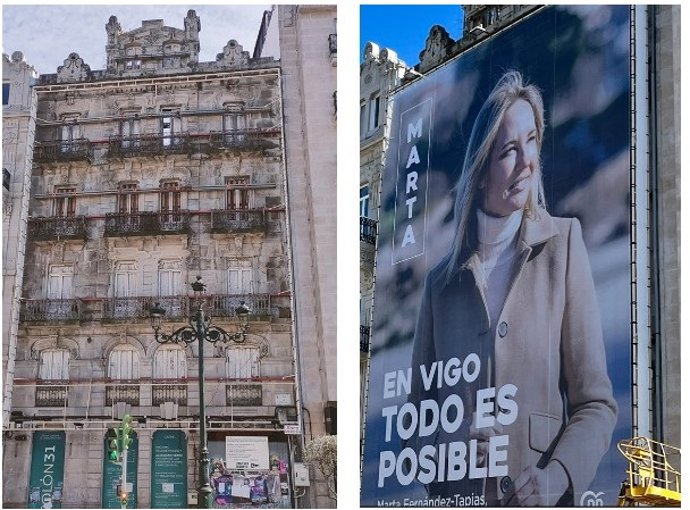 Fachada del edificio del centro de Vigo donde el PP instaló una lona con la imagen de Fernández-Tapias, que el Ayuntamiento mandó retirar horas después.