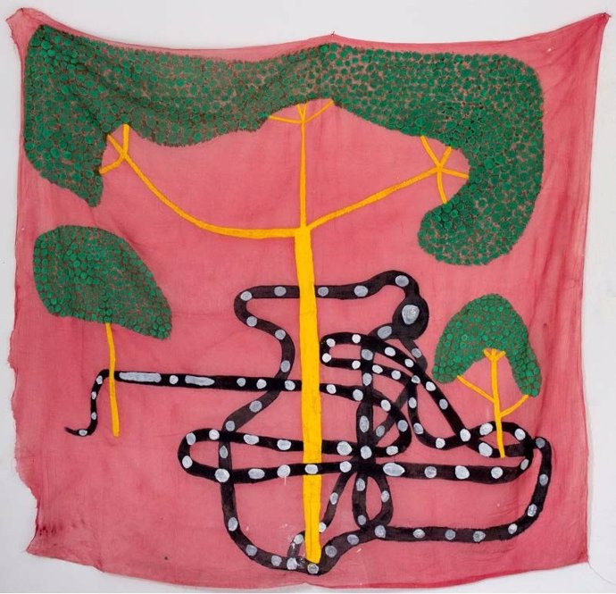 La obra 'Hii frare frare oru keki (Árbol amarillo con culebra a sus pies)', 2021. Acrílico sobre tela de algodón. Adquirida por el Museo Reina Sofía