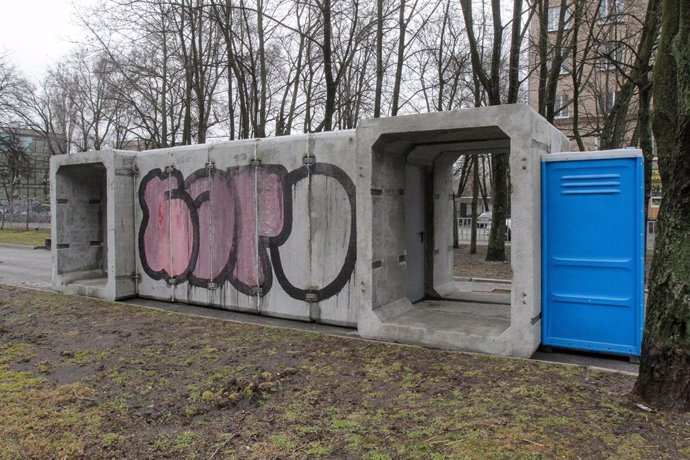 February 28, 2023, Dnipro, Ukraine: A concrete bomb shelter is situated at the intersection of Tytova Street and Oleksandra Polia Avenue, Dnipro, central Ukraine.,Image: 759280968, License: Rights-managed, Restrictions: , Model Release: no, Credit line: