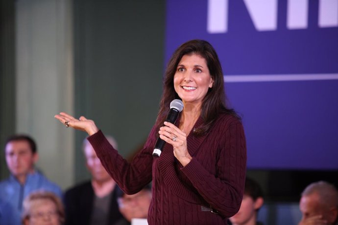 16 February 2023, US, Exeter: Former South Carolina Governor Nikki Haley speaks at Exeter Town Hall about her bid to enter the 2024 US Presidential Candidates Race. Photo: Christy Prosser/ZUMA Press Wire/dpa