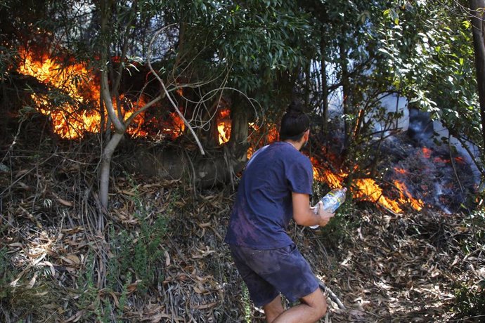 Vecinos y un grupo de militares controlan un sector de los incendios forestales en Dichato, Chile