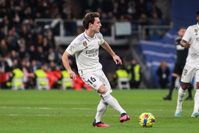 Alvaro Odriozola of Real Madrid in action during the spanish league, La Liga Santander, football match played between Real Madrid and Elche CF at Santiago Bernabeu stadium on February 15, 2023, in Madrid, Spain.