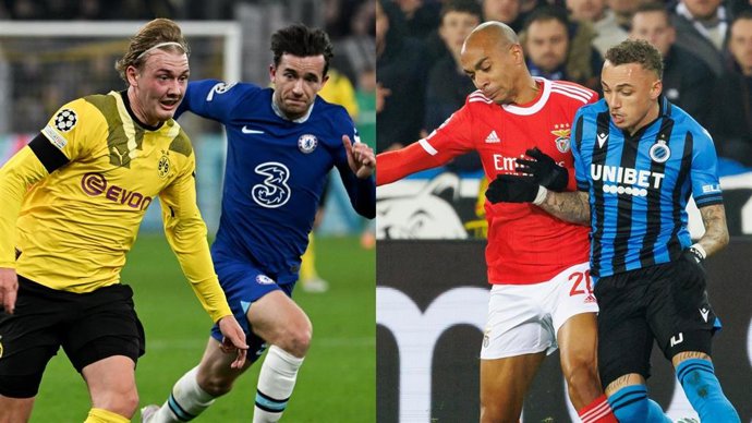 Julian Brandt (Borussia Dortmund) y Ben Chilwell (Chelsea) disputan un balón; y Joao Mario (Benfica) y Noa Lang (Brujas), en los octavos de final de la Liga de Campeones 2022-2023.