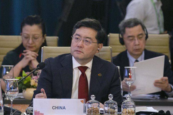NEW DELHI, March 2, 2023  -- Chinese Foreign Minister Qin Gang attends a session at the Group of 20 (G20) Foreign Ministers' Meeting in New Delhi, India, March 2, 2023.,Image: 759793007, License: Rights-managed, Restrictions: , Model Release: no, Credit