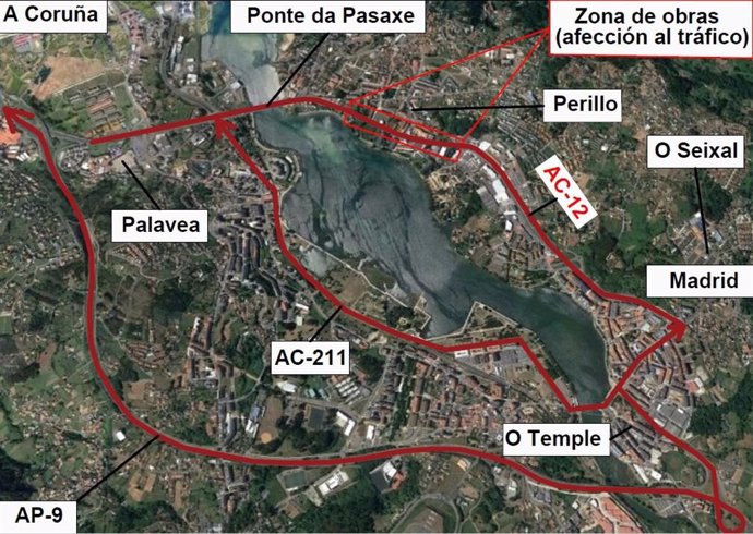 Afectaciones al tráfico por las obras del nuevo enlace del 'Sol y Mar' en la carretera AC-12 en Perillo, en el término municipal de Oleiros (A Coruña