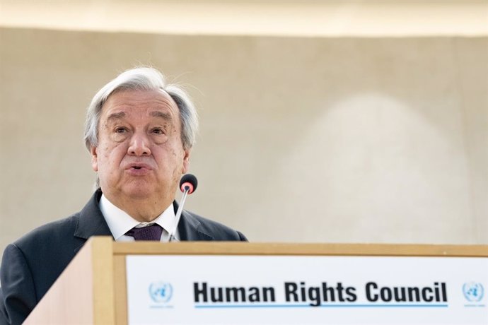 HANDOUT - 27 February 2023, Switzerland, Geneva: UN Secretary-General Antonio Guterres delivers a speech during the 52nd of the Human Rights Council held at the European headquarters of the United Nations in Geneva. Photo: Jean Marc Ferré/UN Photo/dpa -
