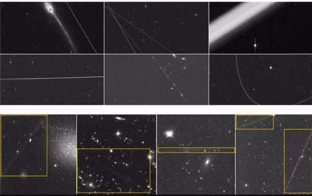 Ejemplos de estelas de satélite identificadas en exposiciones individuales e imágenes compuestas del telescopio espacial Hubble