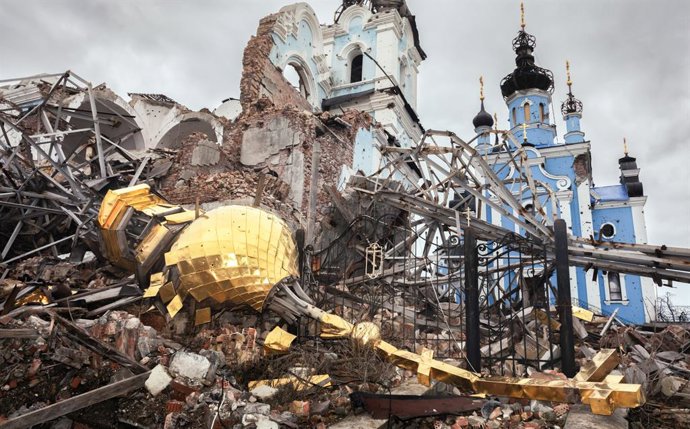 March 3, 2023, Bogorodichne, Ukraine: Scars of war. The tragic aftermath of violence and aggression, as a church stands in ruins from the horrors of war in Bogorodichne Donetsk reg., a victim of Russian military action against Ukraine. Bohorodichne is o
