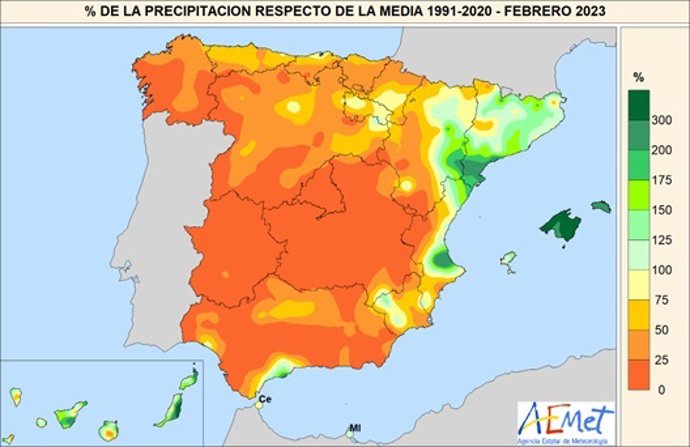 Mapa de cantidad de precipitación recogida en España en el mes de febrero de 2023.