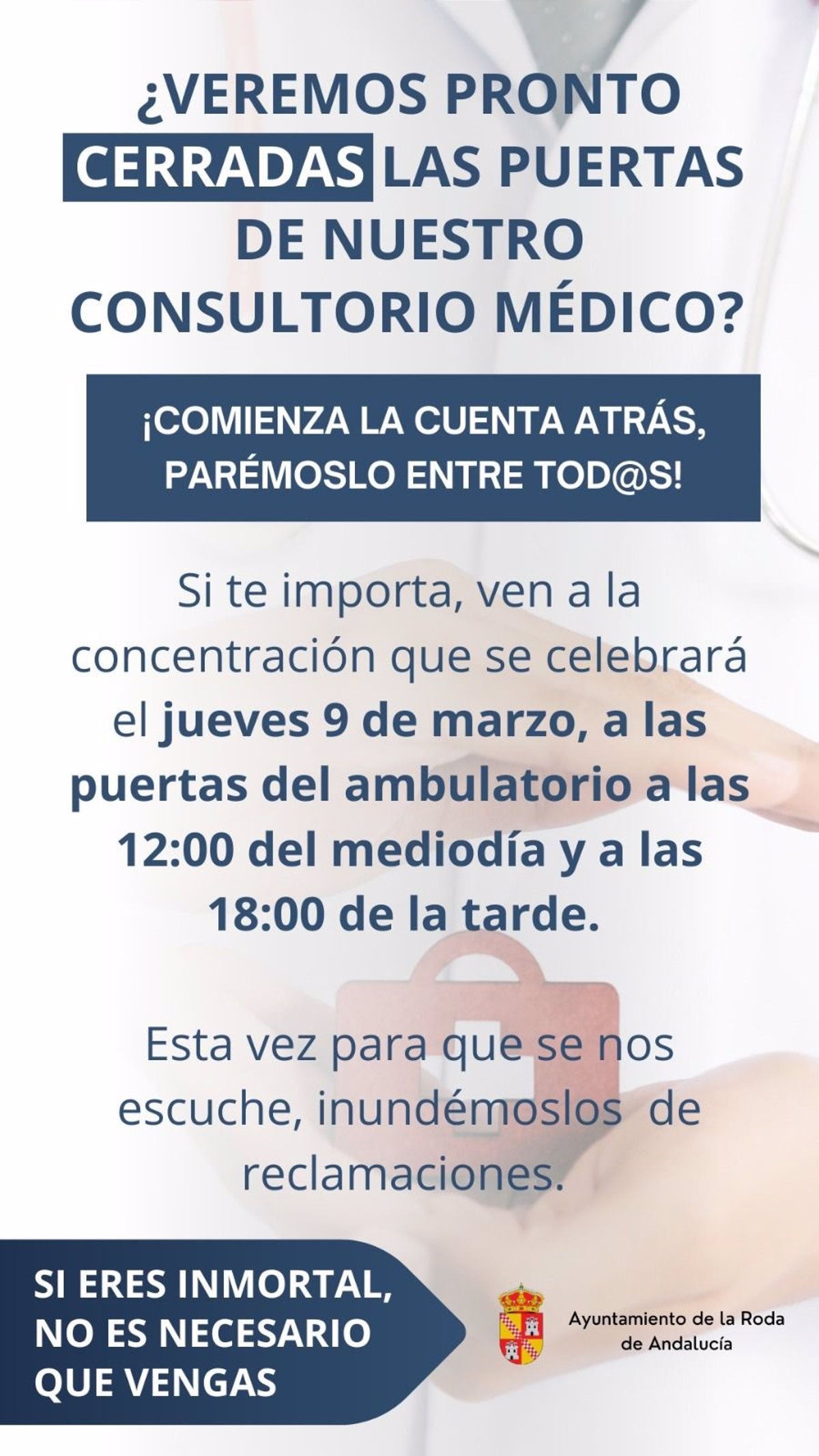 La Roda (Sevilla) convoca una concentración este jueves 9 de marzo contra el  cierre  del ambulatorio, que el SAS niega