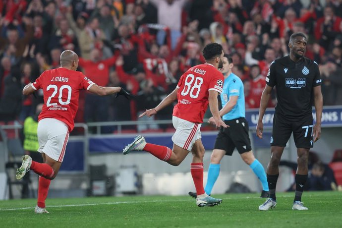 07 March 2023, Portugal, Lisbon: Benfica's Goncalo Ramos (C) celebrates scoring a goal during the UEFA Chamions League round of 16 second leg soccer match between Sport Lisboa e Benfica and Club Brugge KV, at the Estadio da Luz. Photo: Bruno Fahy/Belga/