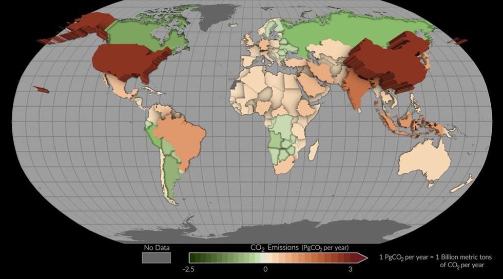 Este mapa muestra las emisiones y absorciones netas medias de dióxido de carbono de 2015 a 2020 utilizando estimaciones basadas en las mediciones del satélite OCO-2 de la NASA.