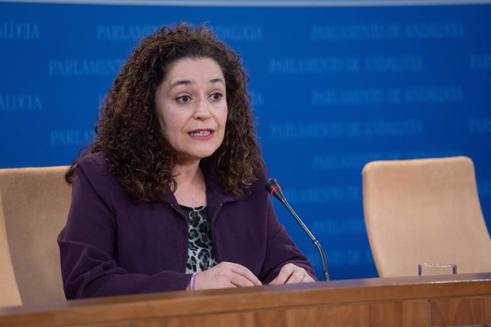 La portavoz del grupo Por Andalucía, Inmaculada Nieto, este miércoles en rueda de prensa en el Parlamento. 