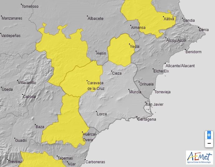 Mapa con los avisos activos en la Región de Murcia