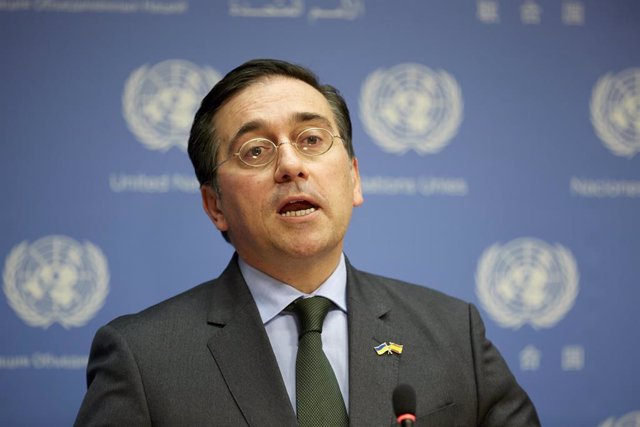 24 February 2023, US, New York: Spain's Foreign Minister Jose Manuel Albares speaks during a press conference on the first anniversary of the Russian invasion of Ukraine. Photo: Mark J. Sullivan/ZUMA Press Wire/dpa