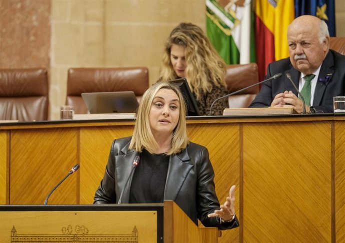 La consejera de Fomento, Articulación del Territorio y Vivienda, Marifrán Carazo, comparece en el Pleno del Parlamento andaluz.