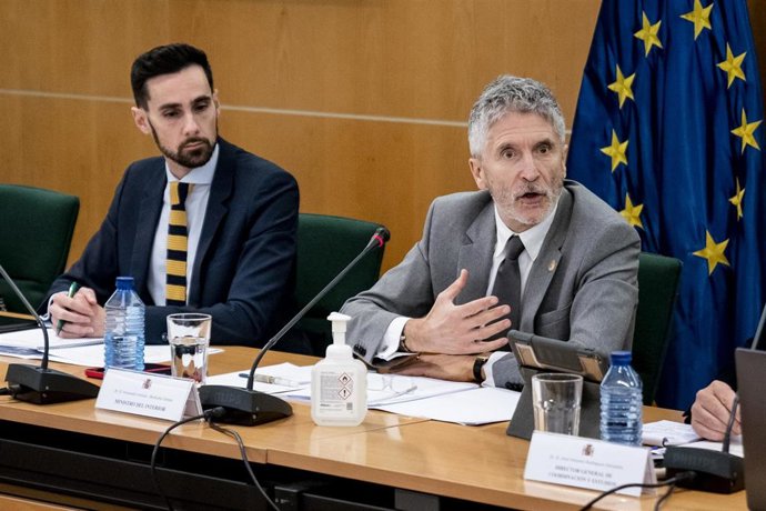 Archivo - El secretario de Estado de Seguridad, Rafael Pérez (i)  y el ministro del Interior, Fernando Grande-Marlaska (d), durante una reunión con los responsables de la lucha contra la violencia de género de las Fuerzas de Seguridad del Estado