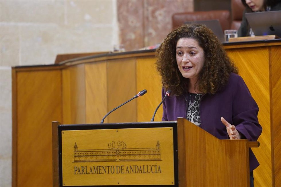 La portavoz del Grupo Parlamentario Por Andalucía, Inmaculada Nieto, interviene durante la primera jornada del Pleno del Parlamento andaluz, a 8 de marzo de 2023 en Sevilla (Andalucía, España). En la décima sesión del Pleno, de esta XII Legislatura, se 