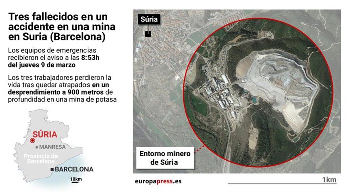 Localización del entorno minero de Súria, en la provincia de Barcelona, donde han fallecido tres trabajadores tras un accidente en una mina el 9 de marzo de 2023.