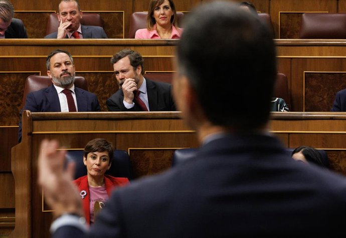 El líder de Vox, Santiago Abacascal , y el portavoz de la formación en el Congreso, Iván Espinosa de los Monteros, durante una sesión de control al Gobierno mientras interviene el presidente, Pedro Sánchez