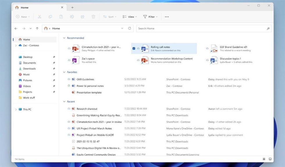 Apartado de recomendaciones dentro del explorador de archivos de Windows 11