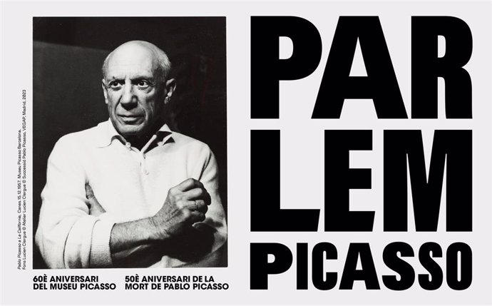 Cartel de la iniciativa impulsada por el Museu Picasso, 'Parlem Picasso', con motivo de los 60 años de la apertura del equipamiento y de los 50 años de la muerte del pintor malagueño