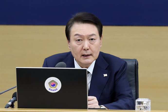 07 February 2023, South Korea, Sejong: South Korean President Yoon Suk Yeol speaks during a Cabinet meeting at the government complex in Sejong, central South Korea. Photo: -/YNA/dpa