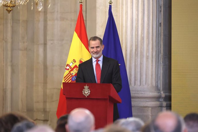 El Rey Felipe durante su discurso en el acto de presentación pública del "Portal Digital de Historia Hispánica, de la Real Academia de la Historia, a 28 de febrero de 2023, en Madrid (España).