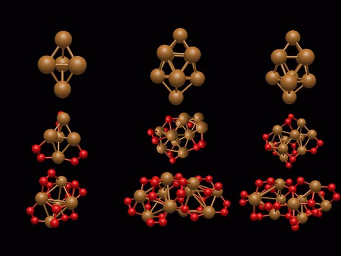 Detalle de agregados de metales de tamaño subnanométrico interaccionando con moléculas de oxígeno del medio ambiente.