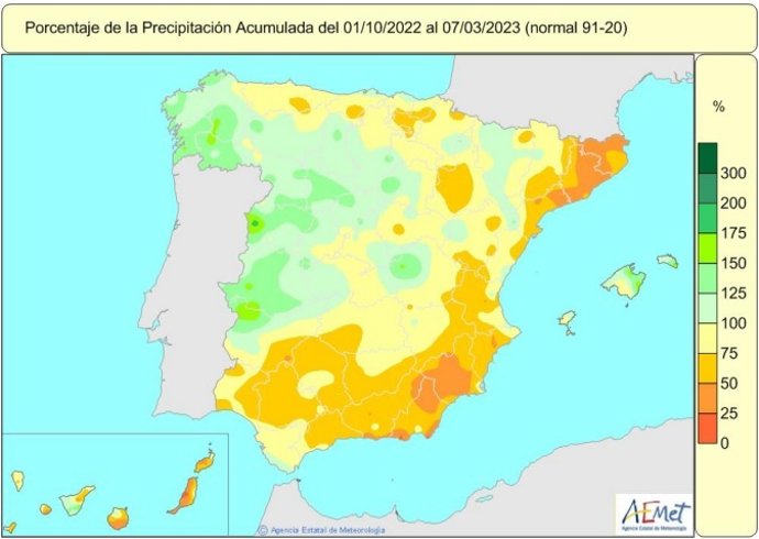 Mapa de lluvias acumuladas en España en lo que va de año hidrológico. Del 1 de octubre de 2022 al 7 de marzo de 2023.