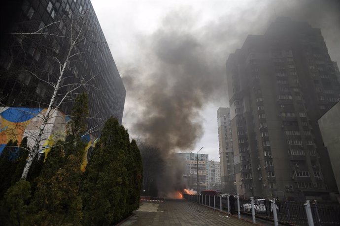 March 9, 2023, Kyiv, Ukraine: Smoke rises from the fire caused by missile debris falling in the courtyard of a residential building in the Sviatoshynskyi district during Russia's mass missile attack on Ukraine, Kyiv, capital of Ukraine.,Image: 761477757