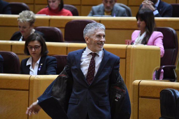 El ministro del Interior, Fernando Grande-Marlaska, durante una sesión de control al Gobierno en el Senado, a 7 de marzo de 2023, en Madrid (España).