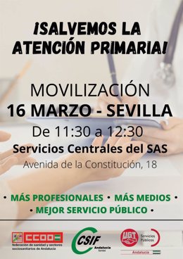 Cartel de las movilizaciones de CCOO, UGT y CSIF en atención primaria.