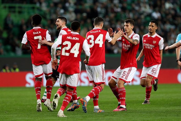 09 March 2023, Portugal, Lisbon: Arsenal FC's Granit Xhaka (3rd R) celebrates scoring his side's second goal with teammates during the UEFA Europa League round of 16 first leg soccer match between Sporting Lisbon and Arsenal FC at Jose Alvalade Stadium.