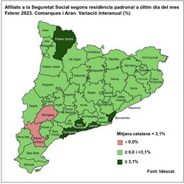 Archivo - Mapa comarcal amb la variació anual d'afiliats a la Seguretat Social el febrer del 2023