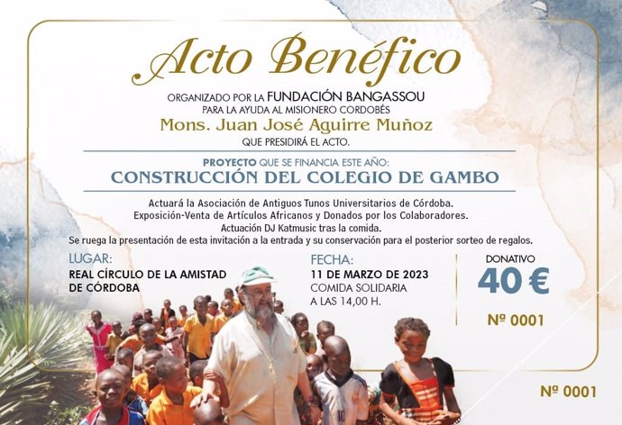 Archivo - Cartel de la comida solidaria de la Fundación Bangassou del 11 de marzo de 2023 para recaudar fondos para construir un colegio.