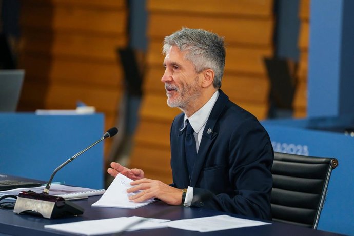 El ministro del Interior, Fernando Grande-Marlaska, en la reunión del MED5.