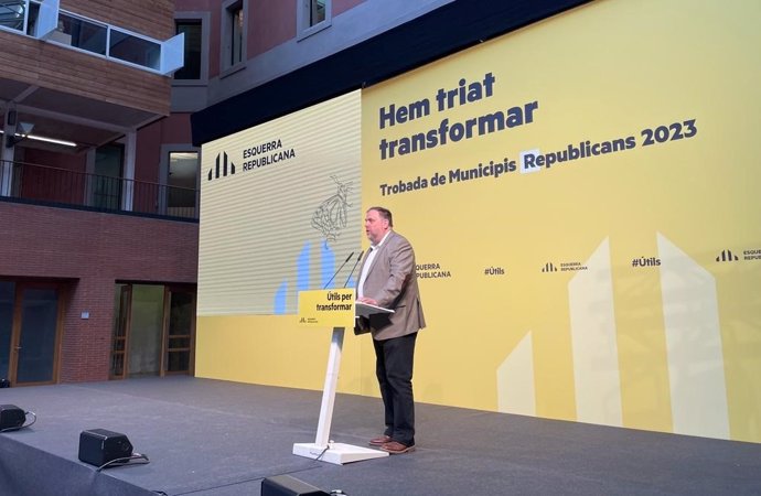 El presidente de ERC, Oriol Junqueras, en el Encuentro de Municipios Republicanos 2023 celebrado por ERC este sábado en el Campus de Ciutadella de la Universitat Pompeu Fabra (UPF) de Barcelona.