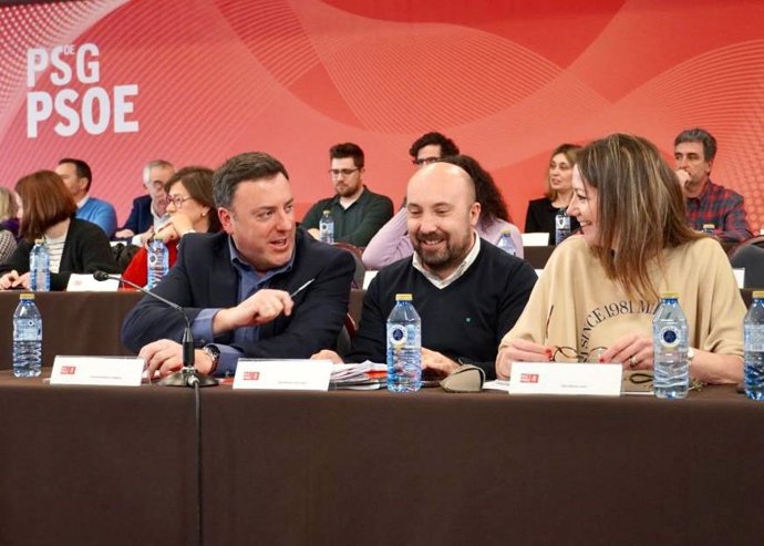 El secretario xeral del PSdeG, Valentín González Formoso, junto al secretario de Organización, José Manuel Lage Tuñas, y la alcaldesa de Lugo, Lara Méndez, en el Comité Nacional del partido.