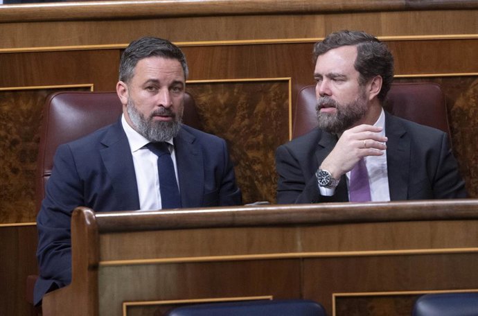 El líder de Vox, Santiago Abascal (i), y el portavoz de Vox en el Congreso, Iván Espinosa de los Monteros (d).