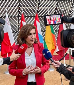 La consejera de Empleo, Empresa y Trabajo Autónomo de la Junta de Andalucía, Rocío Blanco, en declaraciones a los medios en Bruselas