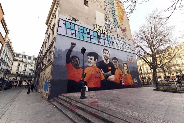 Mural de Leo Messi en un acto promocional de MasterCard