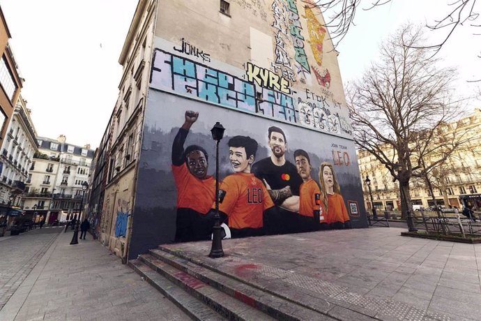 Mural de Leo Messi en un acto promocional de MasterCard