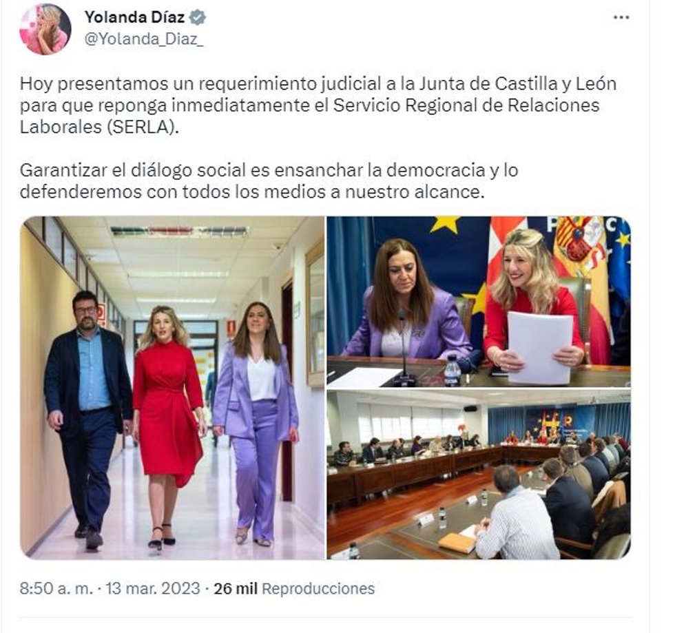 Captura del tuit publicado por la vicepresidenta segudna del Gobierno.