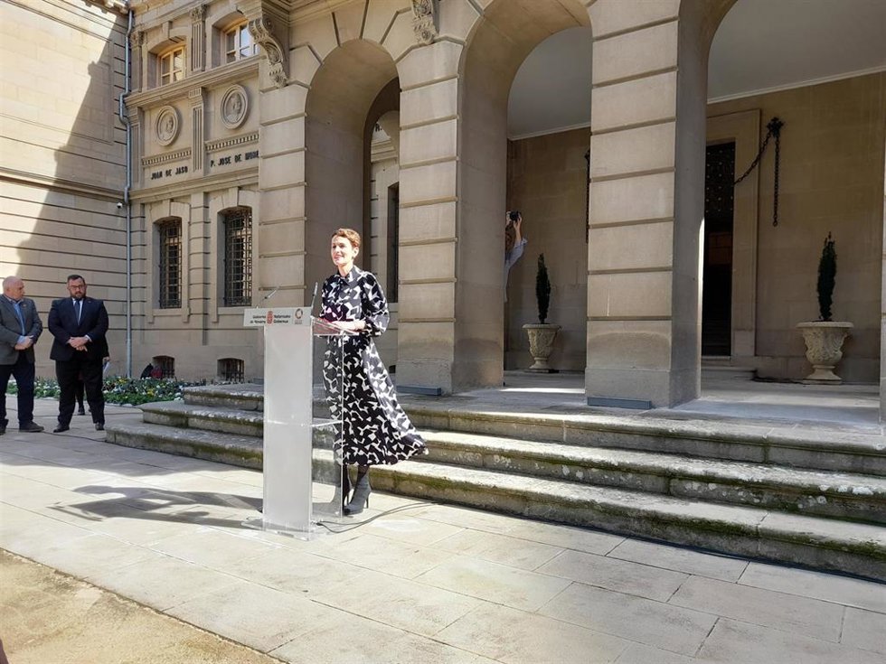 La presidenta de Navarra, María Chivite, durante la rueda de prensa de balance de legislatura
